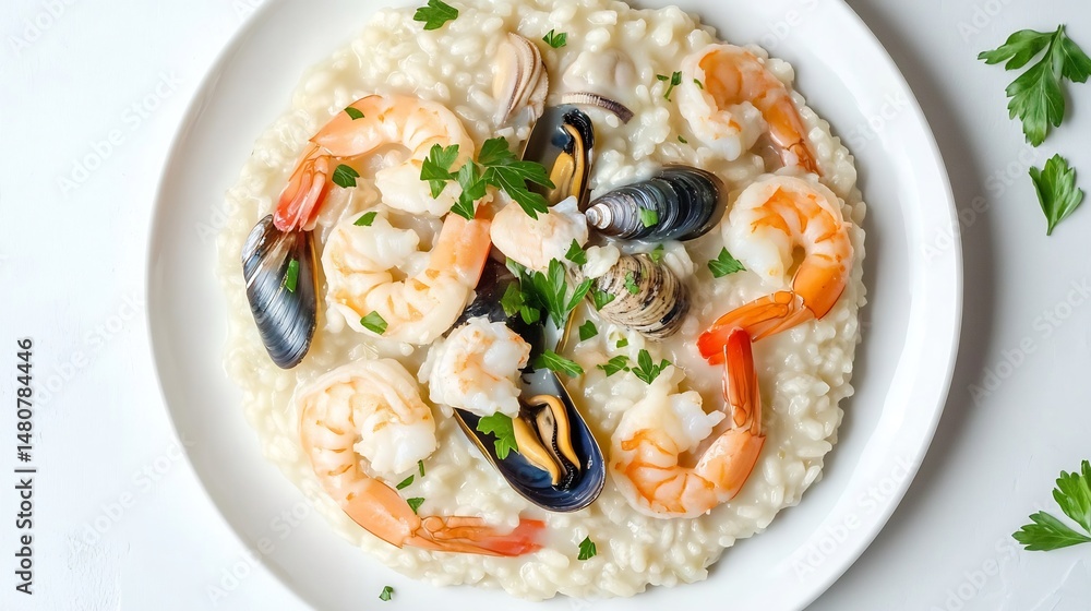 Top down view of creamy Risotto ai Frutti di Mare cooked mixed seafood including shrimp clam mussel garnished parsley white plate white background Italian seafood specialty coastal region cut out Top down view of creamy Risotto ai Frutti di Mare cooked mixed seafood including shrimp clam mussel garnished parsley white plate white background Italian seafood specialty coastal region cut out