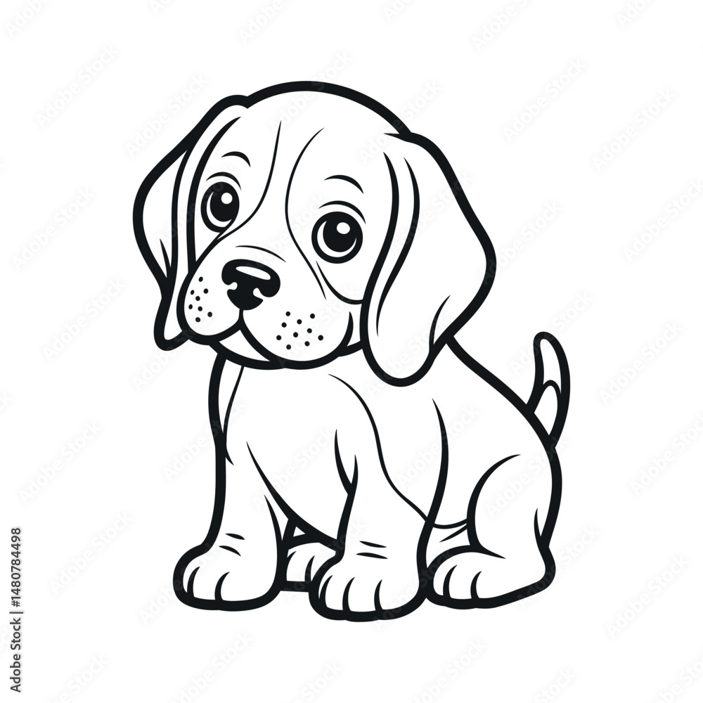 Fototapeta premium Adorable Beagle Puppy Cartoon Illustration Black and White Line Art