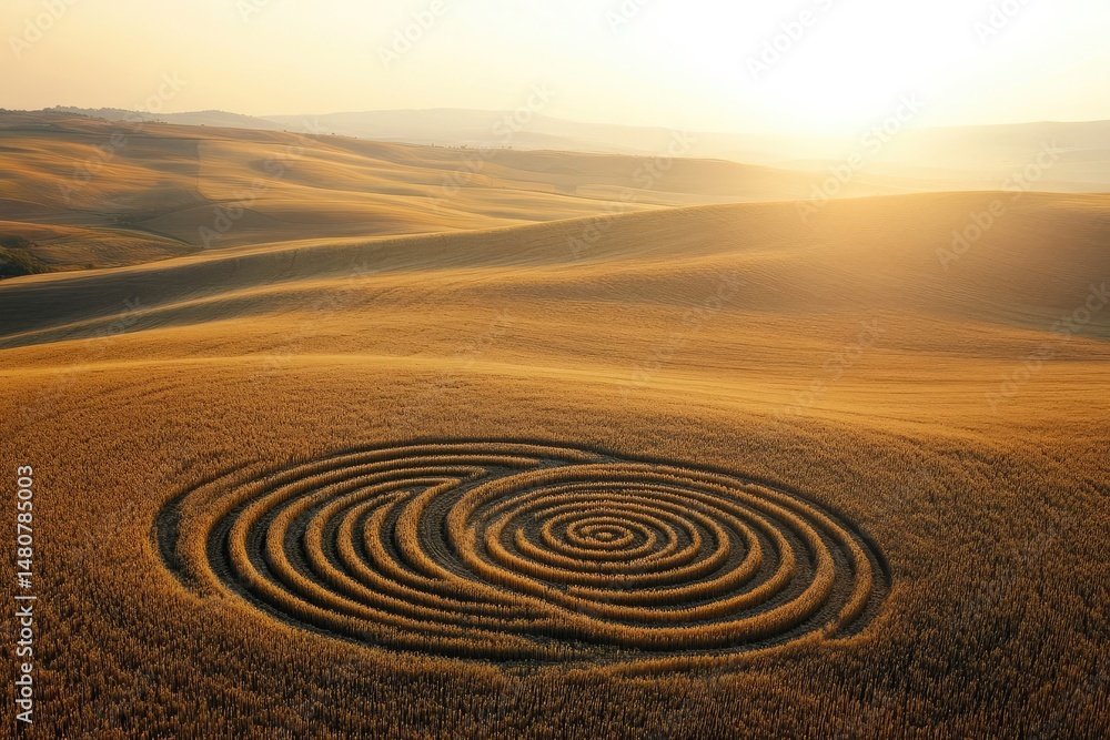 Naklejka premium Aerial view of a spiral crop circle in a golden wheat field at sunset, showcasing the beauty of nature and human intervention.