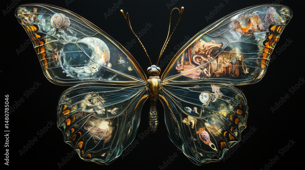 A butterfly with translucent wings showing scenes from dreams
