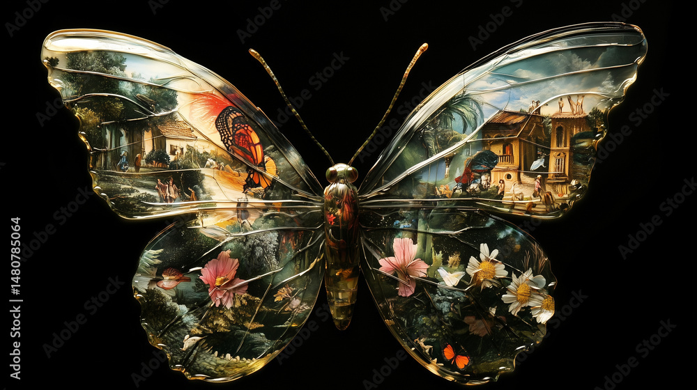 A butterfly with translucent wings showing scenes from dreams