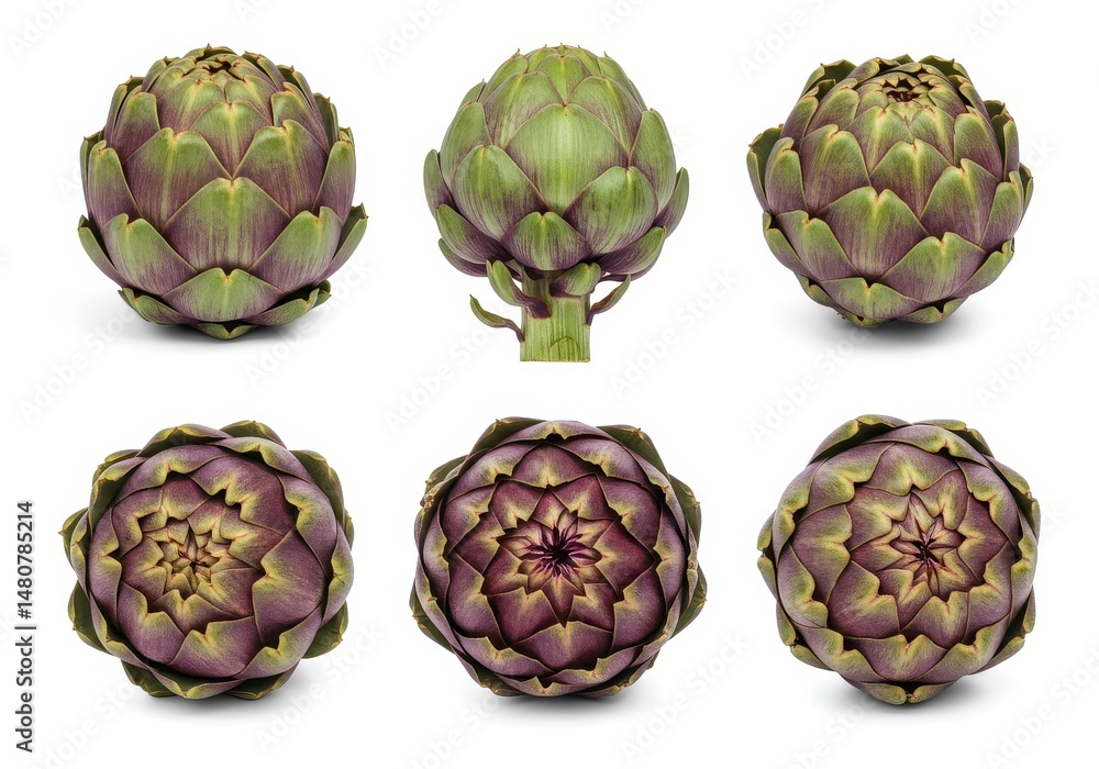 Fototapeta premium Close up of several fresh artichokes arranged on a white surface for a healthy meal