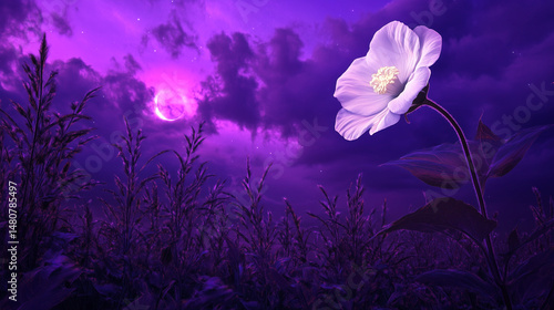 A glowing moonflower blooming under a surreal purple sky