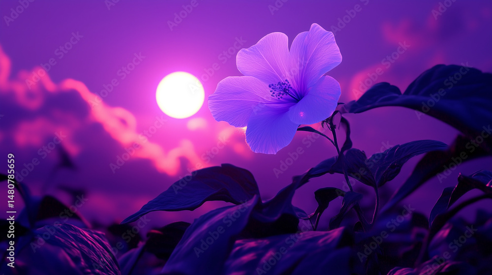 A glowing moonflower blooming under a surreal purple sky
