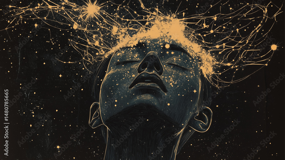 A personâs face dissolving into constellations and stars