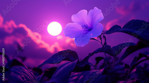 Obraz na płótnie A glowing moonflower blooming under a surreal purple sky w salonie