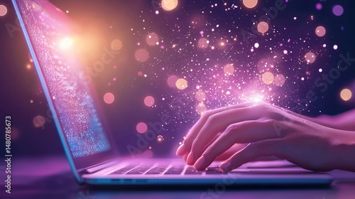 Hands type on a laptop with magical glowing effects