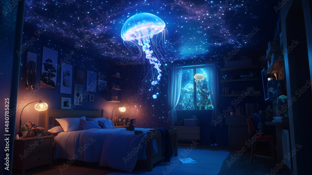 A glowing jellyfish drifting through a starry bedroom ceiling