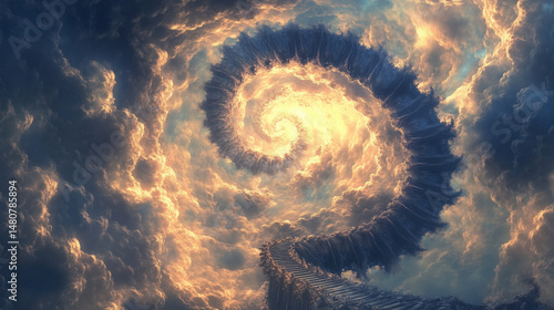 A staircase spiraling into the sky, made of dream fragments