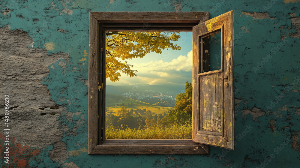 A window frame showing a dream landscape inside an urban wall
