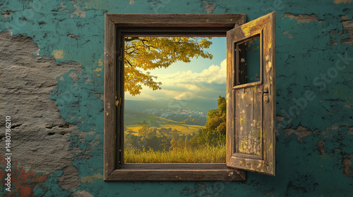 Obraz na płótnie A window frame showing a dream landscape inside an urban wall w salonie