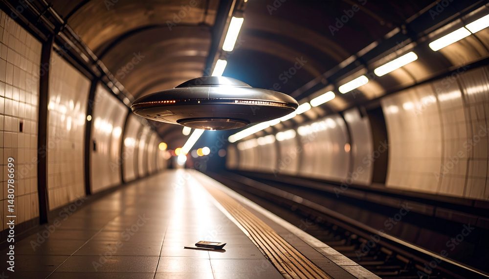 Fototapeta premium Alien ship floating above a subway tunnel. World UFO Day concept. Generated Image