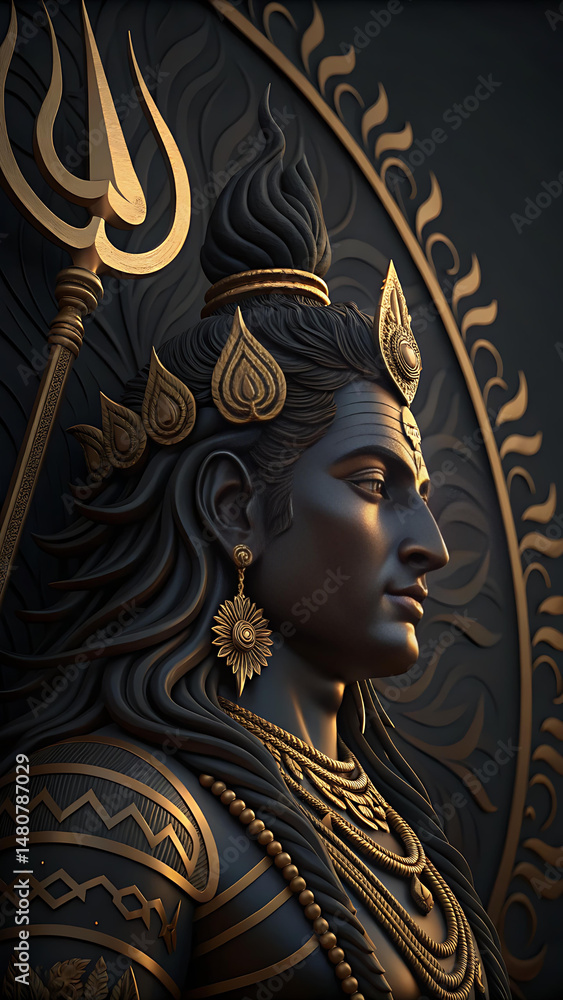 Fototapeta premium serene shiva statue with parvati in background, intricate gold carvings on black stone Wallpaper