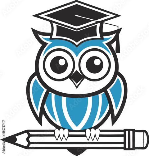 Wise cartoon owl teacher, a bird symbolizing education with a graduation hat and book