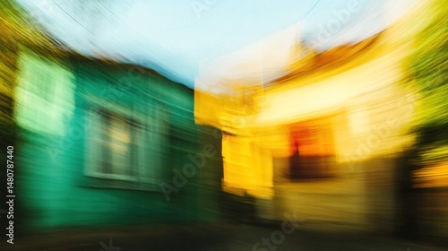 Abstract motion blur building photography yellow and green dynamic composition