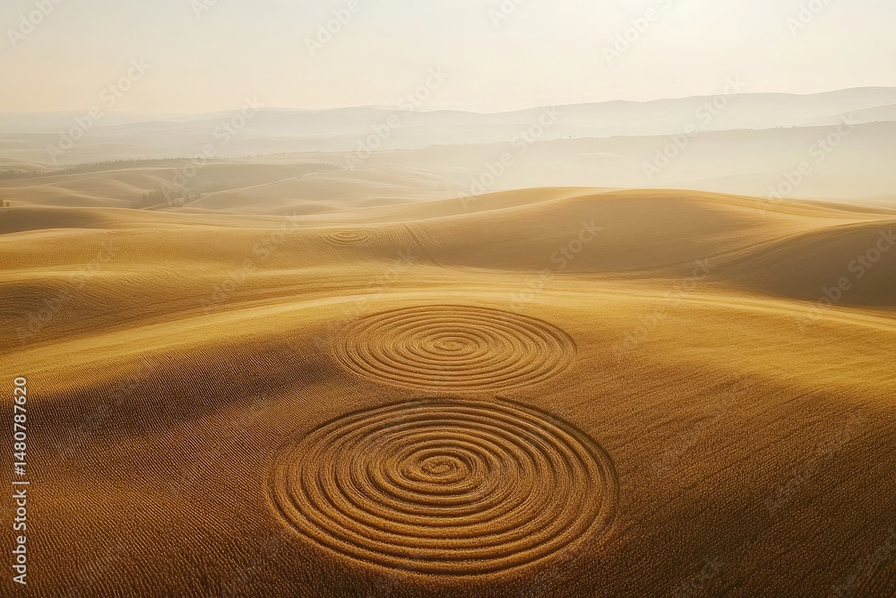 Naklejka premium Aerial view of two concentric circles in a golden wheat field, creating a mesmerizing pattern against a hazy landscape.