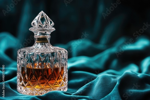 Elegant crystal decanter filled with amber liquid, rests on a luxurious, draped turquoise fabric creating a sophisticated ambiance.