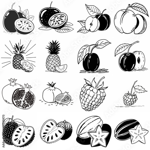 Cartoon Fruit Collection Peaches Pineapples Plums Passion Fruit Raspberries Pomegranate