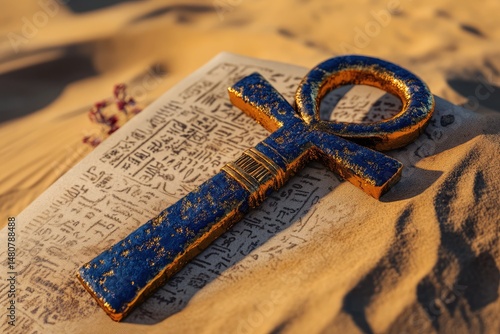 A close-up shows a blue and gold Ankh resting on a cloth amidst a sandy desert landscape.