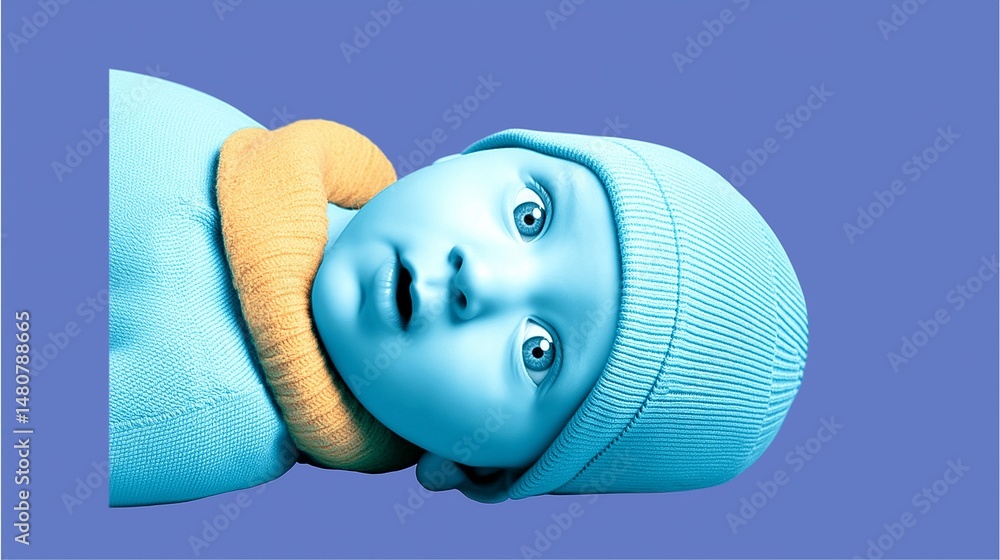 Surreal portrait of a baby with blue tones and abstract expression