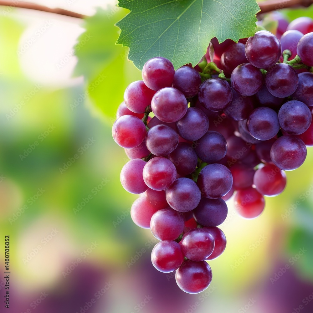 Fototapeta premium Ripe Red Grapes Bunch on Vine with Lush Green Leaf, healthy food , fruit