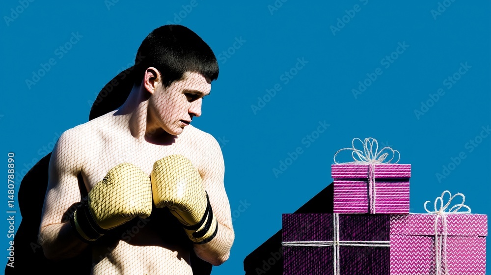 Boxer with golden gloves facing gift boxes in surreal holiday concept