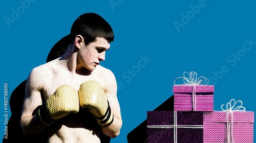 Obraz na płótnie Boxer with golden gloves facing gift boxes in surreal holiday concept w salonie
