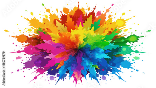 A vibrant explosion of Holi powder bursts into the air, creating a rainbow of colors suspended against a pure white background. Each particle dances in joyful celebration.

