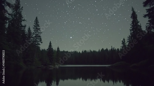 Tranquil lake under starry night sky dark forest nature scene
