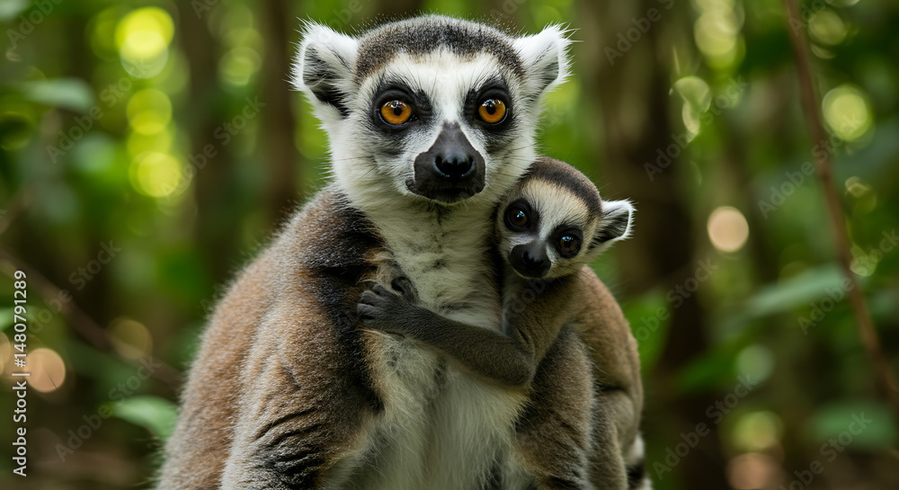 Fototapeta premium A Mother's Love and Protection Ring-Tailed Lemur with Her Baby Clinging Tight Wildlife Photography Close-up Shot of Wild Animal and Her Offspring