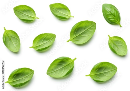 Close up of fresh green basil leaves scattered on a white surface in a studio shot