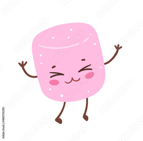 Vector illustration of kawaii marshmallow with smiling face and closed eyes.