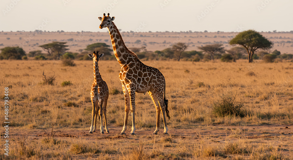 Obraz premium Giraffes in the Vast African Savannah A Mother's Love and Protection Against a Golden Landscape The Beauty of Wildlife