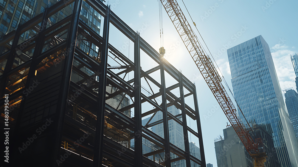 Fototapeta premium Construction Site with Steel Framework and Crane