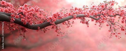 Delicate pink blossoms gracefully drape a curving branch, set against a soft, blurred background of similar hues