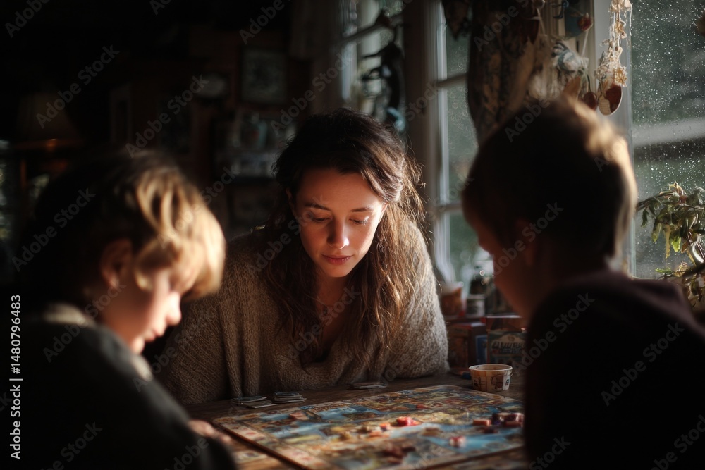 Fototapeta premium Family Enjoys Playing a Board Game Together Indoors on a Cozy Day