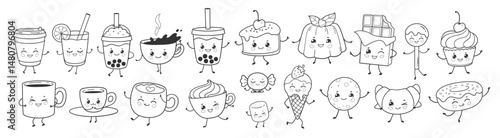 Vector illustration of kawaii sweets and drinks with happy faces. Line art set.