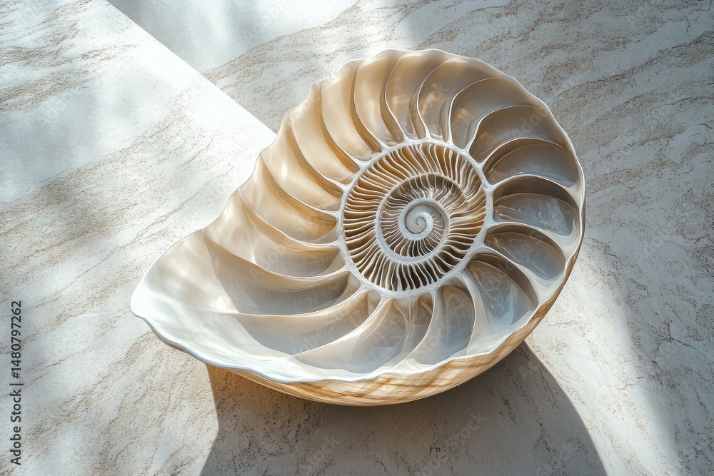 Obraz premium Nautilus shell cut in half displaying the chambers on a beige stone surface, with natural light highlighting its spiral pattern.