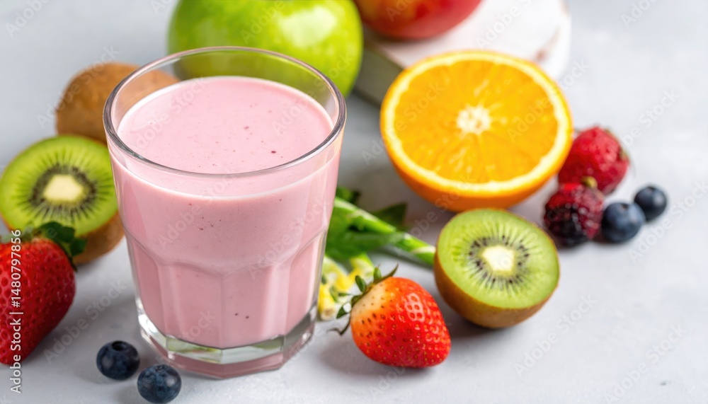 Freshly blended smoothie surrounded by various fruits. Freshly blended smoothie surrounded by various fruits.