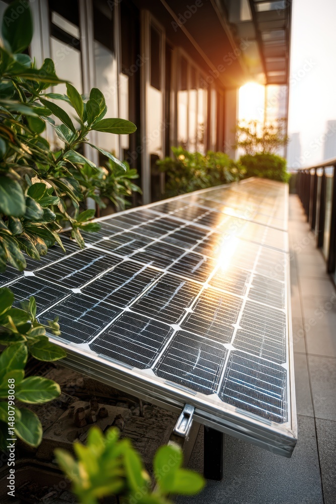 Fototapeta premium Solar panel installation on balcony, small solar power plant on modern balcony, clean energy concept