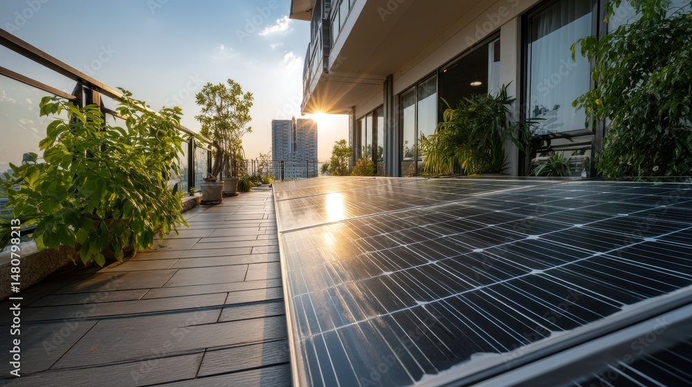 Solar panel installation on balcony, small solar power plant on modern balcony, clean energy concept Solar panel installation on balcony, small solar power plant on modern balcony, clean energy concept