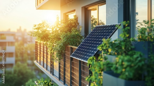Solar panel installation on balcony, small solar power plant on modern balcony, clean energy concept