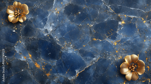 Dark blue marble background with gold floral accents