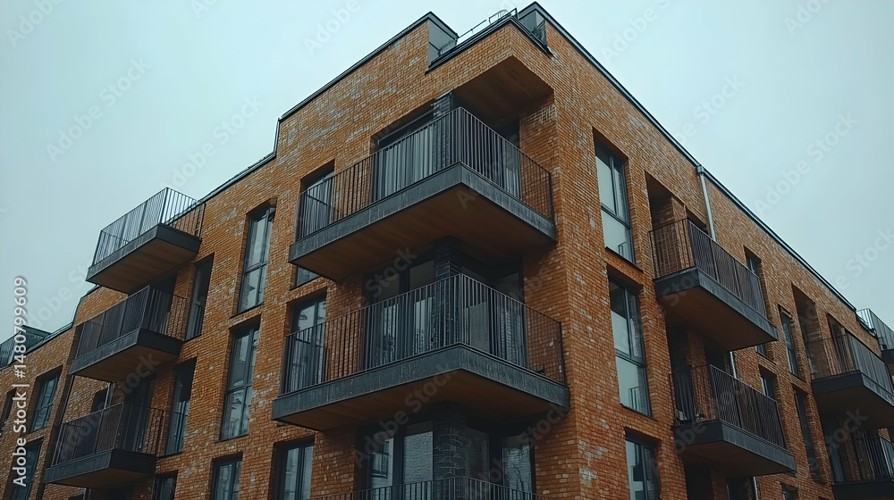 Fototapeta premium Modern brick apartment building with balconies and large windows