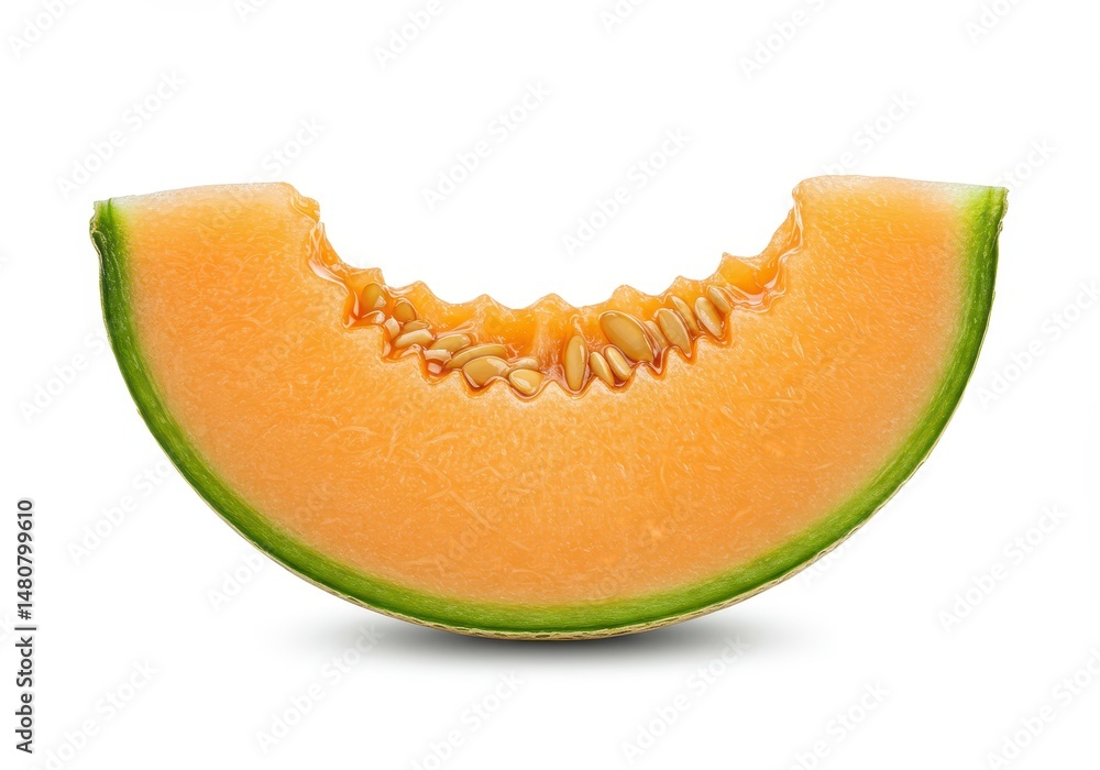 A slice of cantaloupe melon with seeds is isolated on a white background in a close up view A slice of cantaloupe melon with seeds is isolated on a white background in a close up view