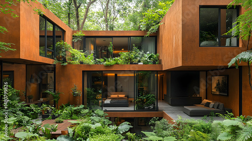 Rust-colored multi-level home nestled in lush greenery, featuring an internal courtyard and floor-to-ceiling windows