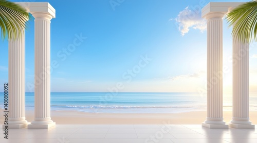 Seaside balcony with palm trees and classical architectural columns