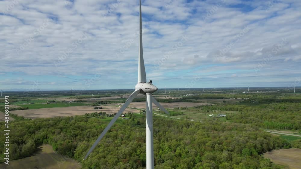 4K Drone Zoom Out From Wind Turbine With Distant Wind Farm in Smithville, Ontario 4K Drone Zoom Out From Wind Turbine With Distant Wind Farm in Smithville, Ontario