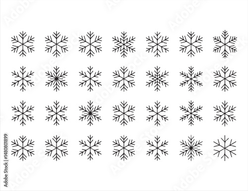 Set of Minimalist Snowflake Icons in Various Geometric Designs