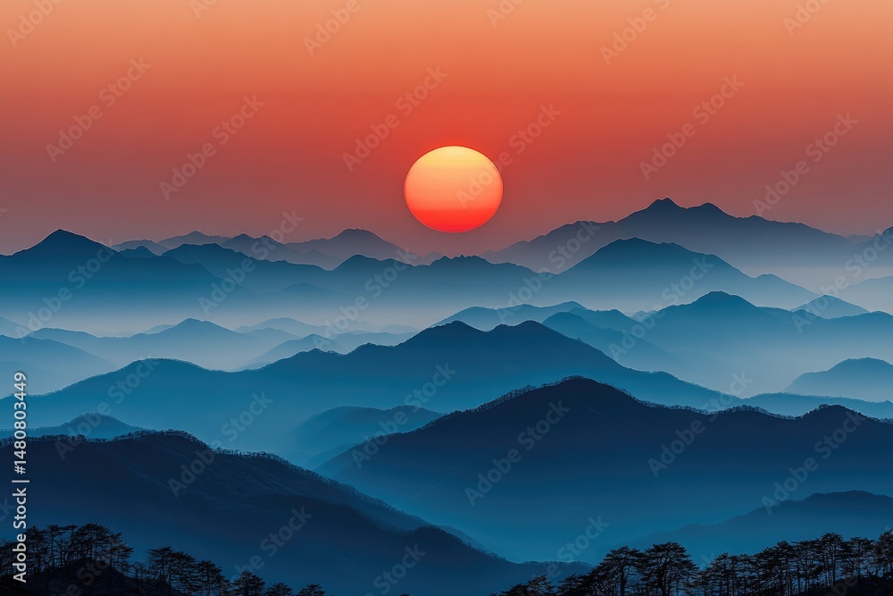Majestic sunrise over a layered mountain range. Majestic sunrise over a layered mountain range.